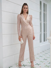 D&M Lapel Neck Puff Sleeve Sequin Jumpsuit